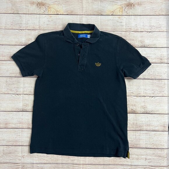 Adidas Originals Mens Small Navy Blue Polo Shirt Gold Trefoil Logo Yellow Trim - Picture 1 of 9